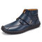 Men Hand Stitching Hook Loop Leather Soft Ankle Boots - Blue