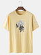 Mens Floral Japanese Character Print Loose 100% Cotton Short Sleeve T-Shirts - Khaki