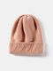 Unisex Knitted Solid Color Jacquard Brimless Flanging Outdoor Warmth Beanie Hat - Pink