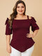 Solid Color Off Shoulder Knotted Plus Size Casual T-shirt for Women - Wine Red