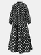 女性のためのドットプリントラペル長袖結び目Plusサイズのフリルドレス - ブラック