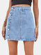Solid Color Single Breasted A-lined Denim Skirt For Women - Blue