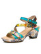 Socofy Genuine Leather Casual Bohemian Ethnic Floral Print Colorblock Comfy Heeled Stripe Sandals - Blue