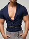 Mens Striped Lapel Short Sleeve Shirt - Blue
