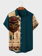 Mens Tribal Figure Pattern Patchwork Ethnic Short Sleeve Shirts - Blue
