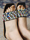 Women Casual Colorful Rivet Square Toe Stripe Flat Slippers - Black