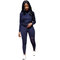 Dn8140 European And American Women's Solid Color Sports Burnt Hooded Suit Two-piece - Navy Blue