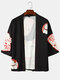 Mens Lucky Cat Floral Print Open Front Japanese Style Loose Kimono - Black