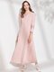 Solid Long Sleeve Button Crew Neck Casual Dress - Pink