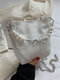 Women Vintage Faux Leather Pearl Decoration Chain Crossbody Bag Handbag - White