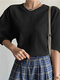 Crew Neck Solid Color Half Sleeve Casual Blouse - Black