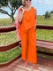 Einfarbige Damen-Hose mit Rundhalsausschnitt, ärmellos und weitem Bein, Kombiteil - Orange