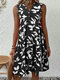 Women Allover Leaf Print V-Neck Tiered Sleeveless Dress - Black