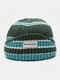 Unisex Knitted Color Contrast Striped Letter Pattern Label Brimless Beanie Landlord Cap Skull Cap - Blue Green