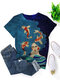 Women Fish Print O-neck Short Sleeve Plus Size Casual T-shirt - Blue