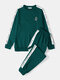 Mens Rose Pattern Letter Side Stripe Sweatshirt Long Two Pieces Outfits - Green