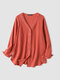 Solid Button Long Sleeve V-neck Blouse For Women - Rust