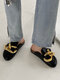 Women Metal Decoration Casual Comfortable Flat Backless Slippers - Black