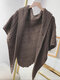 Women Knitted Solid Color Striped PU Strap Pin Buckle Triangle Cloak Shawl - Coffee
