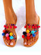 Large Size Summer Women's Fur Ball Colorful Bohemian Comfy Flat Sandals - Rainbow