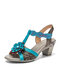 Socofy Holiday Calico Opened Hook&Loop Adjustable Hollow Out Leather Chunky Heel Sandals - Blue