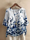 Leaves Print O-neck Button Half Sleeve Loose T-shirt - Blue