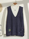 Plus Size Flower Embroidered Button Sleeveless Casual Sweater - Navy