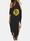 Floral Printed O-neck Short Sleeve Slit Dress - Black