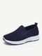 Women Casual Breathable Knitted Fabric Soft Sole Flat Walking Sneakers - Blue