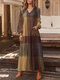 Plaid Print Pocket V-neck Long Sleeve Maxi Vintage Dress - Yellow