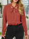 Solid Color V-neck Long Sleeve Knotted Button Blouse For Women - Red