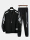 Mens Side Stripe Patchwork Applique Crew Neck Casual Two Pieces Outfits - Black