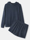 Women Plush Drop Shoulder Hoodie Solid Warm Pajamas Sets With Shorts - Navy