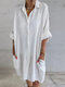 Solid Pocket Long Sleeve Lapel Button Down Shirt Dress - White