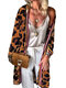 Stripe Leopard Print Long Sleeve Casual Kimono For Women - Yellow