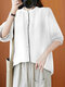 Contrast Half Sleeve Stand Collar Loose Blouse For Women - White