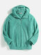 Mens Solid Color Zipper Front Fluffy Long Raglan Sleeve Teddy Hoodie - Green1