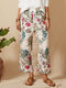 Vintage Flower Print Ribbon Knotted Elastic Waist Pants With Pocket - White