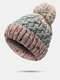 Unisex Mixed Color Knitted Plus Velvet Thickened Twist Pattern Fur Ball Decoration Flanging Warmth Beanie Hat - #03