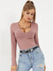 Solid Metal Buckle Long Sleeve Ribbed Knit Skinny T-shirt - Pink