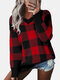 Plaid Print V-neck Long Sleeves Casual Sweater for Women - Red