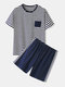 Men Cotton Thin Navy Blue Striped Sleepwear Sets Comfy Homewear With Front Pocket - Navy Blue