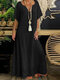 Women Lace Notched Neck Lined Half Sleeve Maxi Dress - Black