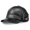 Men Cowhide Genuine Leather Baseball Cap Earflaps Earmuff Bomber Velvet Linen Hat - Black