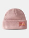 Unisex Solid Cotton Knitted Striped Color Contrast Letters Patch All-match Warmth Brimless Beanie Hat - Pink
