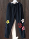 Flowers Print Elastic Waist Pockets Plus Size Casual Pants - Black