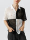 Mens Windowpane Pattern Patchwork Knit Revere Collar Shirt - Black