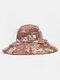 Women Dacron Overlay Calico Print Button Decoration Big Brim Breathable Sunshade Foldable Bucket Hat - Coffee