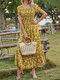 Summer Holiady Bohemian Floral Print O-neck Short Sleeve Women Maxi Dress - Yellow