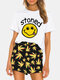 Women Pajamas Short Set Cartoon Face Print Top O-Neck Softies Summer Sleepwear With Tropical Printing Bottom - Yellow